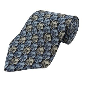 Natura "Foxy" Mens 100% Silk Necktie Blue Grey Fox Animal Print 56.5"L